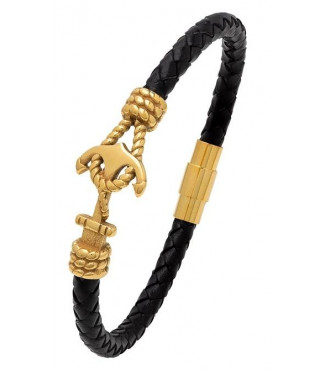Bracelet homme en cuir véritable tressé avec ancre marine en Acier doré  - 1