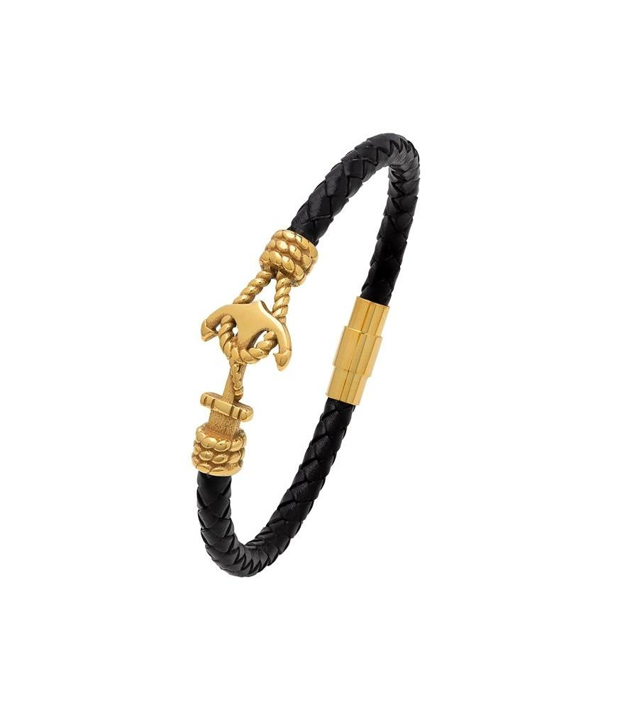 Bracelet homme en cuir véritable tressé avec ancre marine en Acier doré  - 1