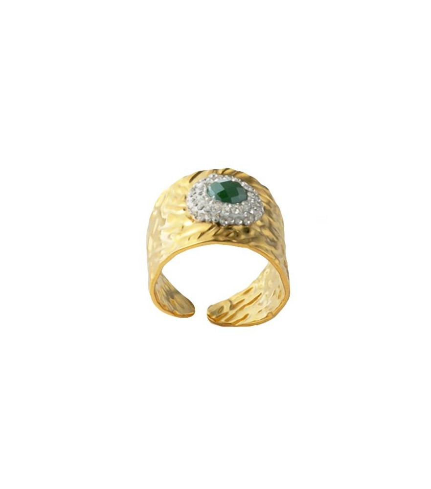 Bague large en acier martelée doré surmontée de pierres en cristal blanc et vert-lookeven