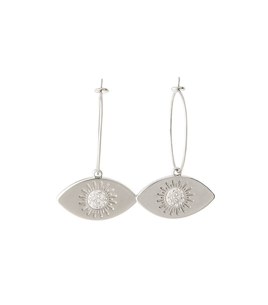 Boucles d'oreilles créoles acier argenté cristaux yeux blanc