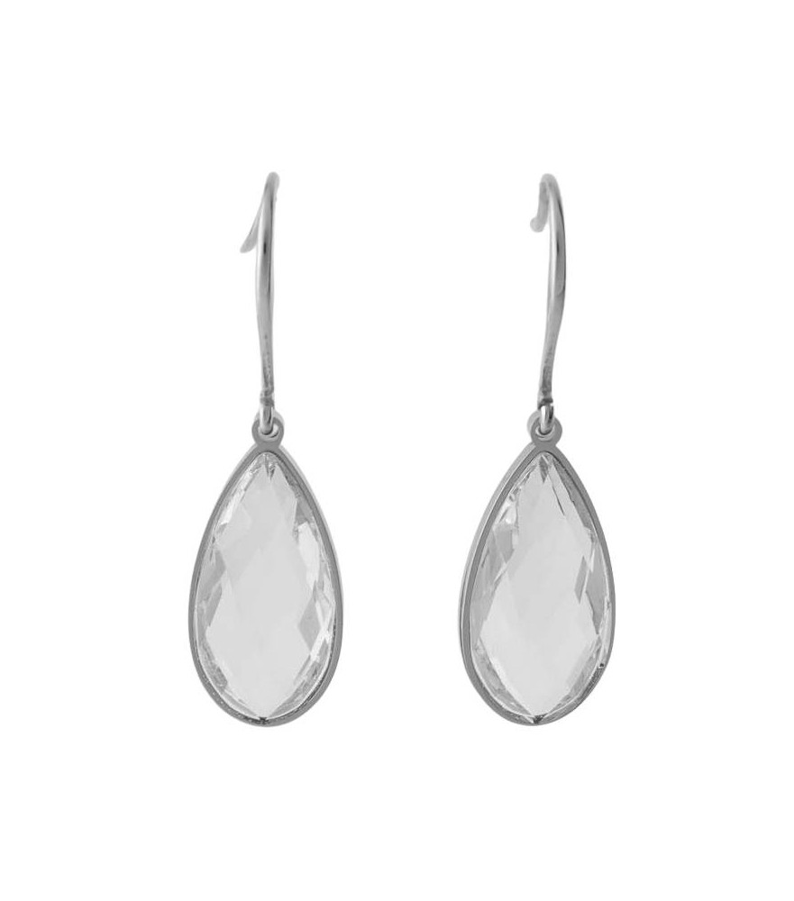 Boucles d'oreilles pendantes en acier argenté et goutte en cristal transparent