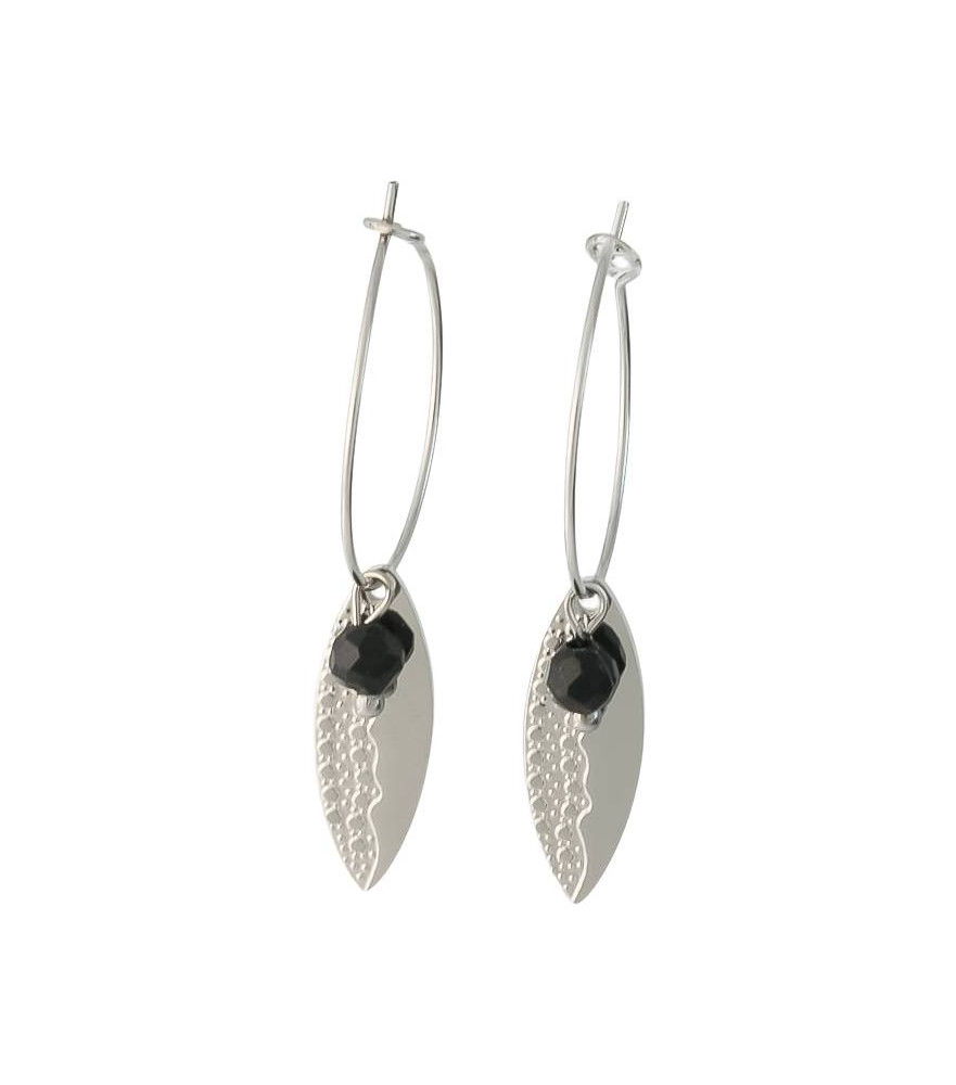 Boucles d'oreilles créoles acier argenté pampille feuilles et perle noir
