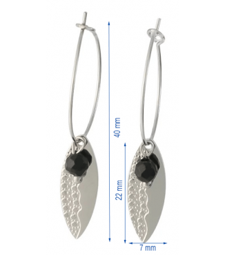 Boucles d'oreilles créoles acier argenté pampille feuilles et perle noir