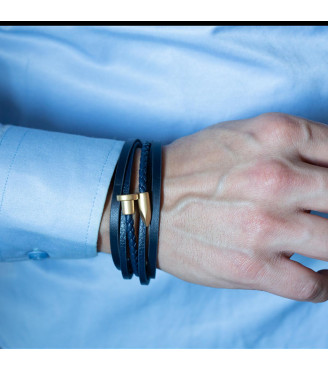 Bracelet Homme, 5 Rangs en cuir bleu, motif Clou