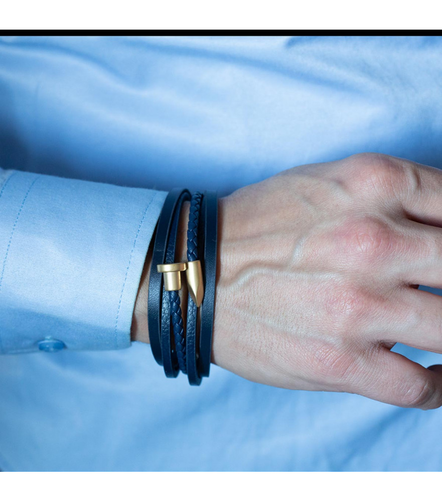 bracelet homme 5 rangs en cuir bleu motif clou