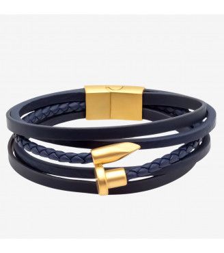 Bracelet Homme, 5 Rangs en cuir bleu, motif Clou