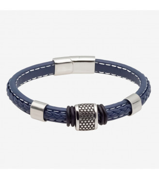 Le Bracelet Élégance En Cuir Bleu Tressé Et Acier Doré BR-H33